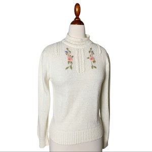 Vintage Granny Cottage Sweater Flower Embroidery S